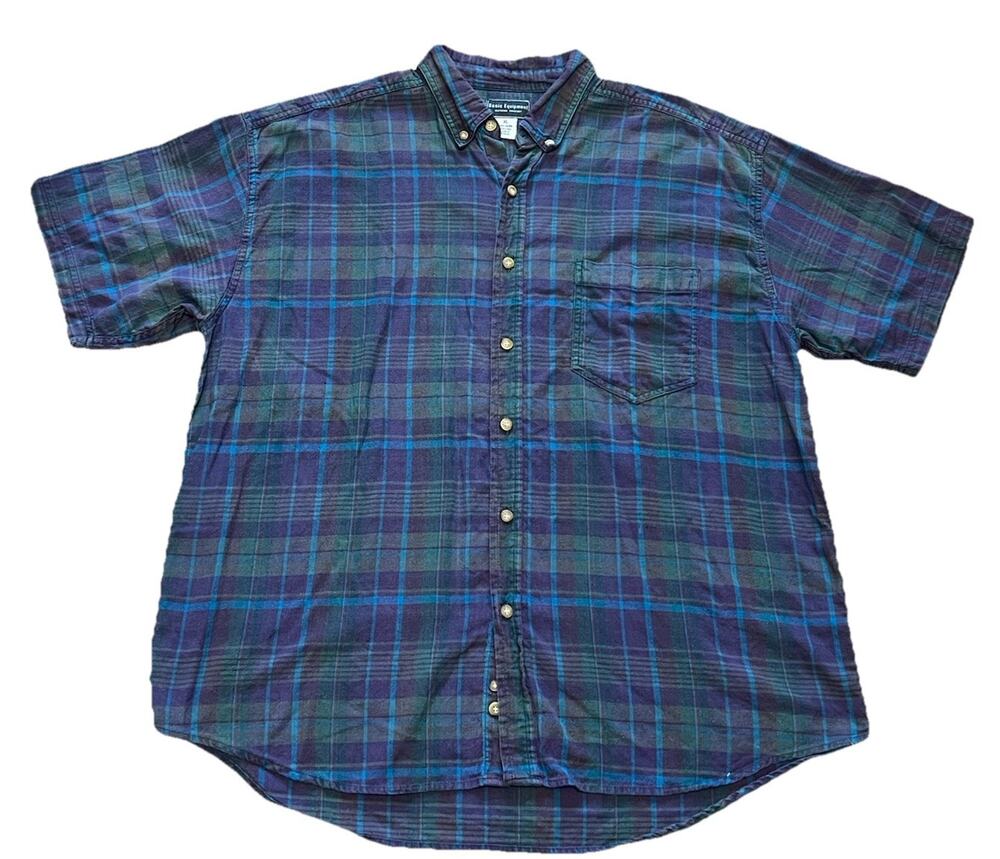 Vintage Basic Equipment Mens XL Heavy Cotton Shirt Blue Plaid Grunge 90s